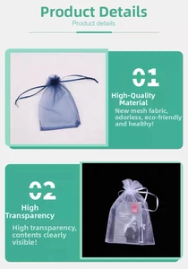 Detail view of high transparency organza gift bags with drawstring closure in two colors