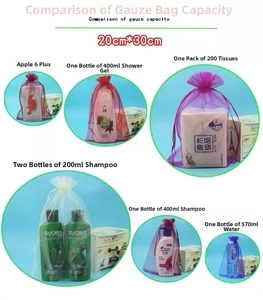 Capacity display for 20x30cm coral pattern organza bags with various everyday items