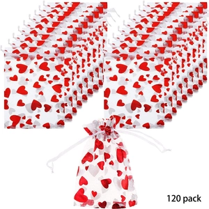 White organza gift bags with red heart patterns and drawstring closure, 120 pack set
