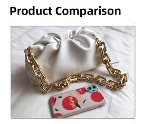 Close-up of white cloud pouch bag with thick gold chain and natural fold detail
