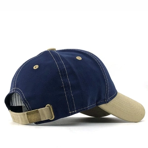 Navy blue and khaki contrast cotton baseball cap with adjustable metal buckle closure