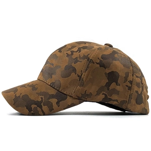 Side view of structured brown camouflage faux suede baseball cap with a curved brim