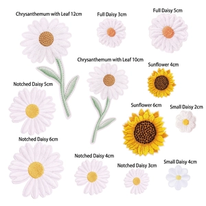 Collection of white daisy and sunflower embroidered patches in sizes from 2cm to 12cm