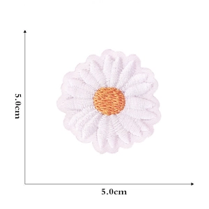 Detailed close-up of 5.0cm white daisy embroidery patch with orange center stitching