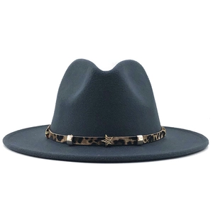 Detail of dark grey fedora hat with leopard print band and golden star metal ornament