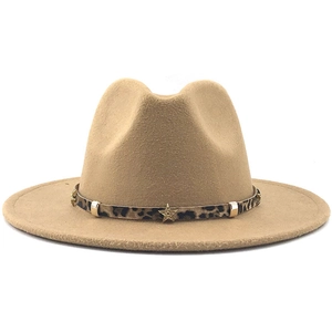 Close-up of leopard print leather band with gold star stud on camel wool fedora hat