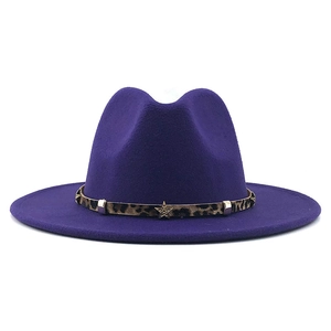 Detail of purple fedora hat featuring leopard print band and golden star ornament