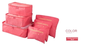 Detailed set of 6 watermelon red travel luggage organizers with mesh panels and zippers