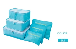 Detail view of 6-piece light blue waterproof travel organizer set with mesh packing cubes