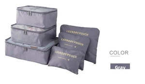 Detailed set of 6 grey travel luggage organizers featuring mesh panels and laundry pouches
