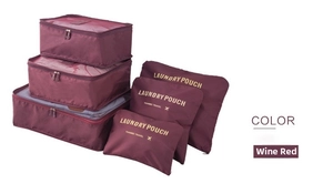Detail of wine red 6-piece waterproof travel organizer set with mesh panels and laundry pouches