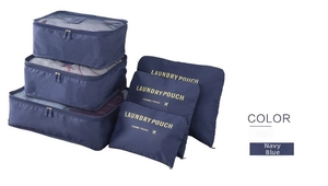 Detail view of 6-piece navy blue travel organizer set with mesh panels and laundry pouches