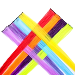 Rainbow colored clip-in straight hair extensions in vibrant synthetic fiber set