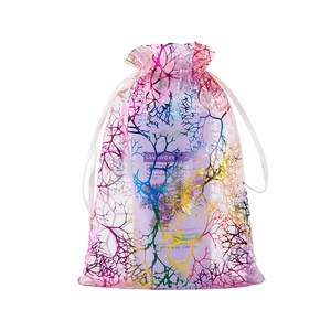 Sheer organza gift bags with colorful coral patterns and drawstring closure for jewelry