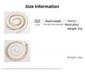 Tableau des tailles de chaîne de taille en métal montrant les dimensions réglables