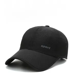 Detail of breathable mesh fabric and sport embroidery on black quick-dry baseball cap