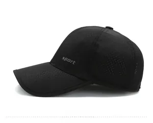 Detail of breathable perforated fabric and sport lettering on black quick-dry cap