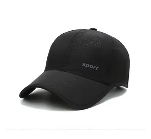 Side view of black quick-dry mesh baseball cap with gray sport text detailing