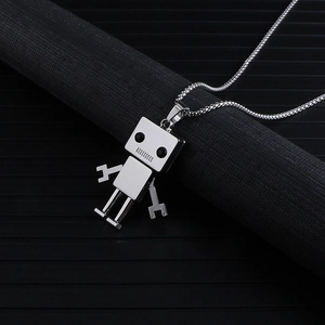 Robot pendant necklace with movable limbs on a silver box chain for men and women