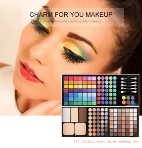 Macro view of 177 color makeup palette with vibrant eyeshadows and model look