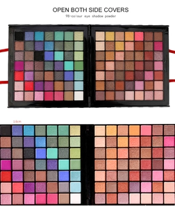 Detail of 98-color eyeshadow palette showing both matte and shimmer shades and 1.6cm dimensions