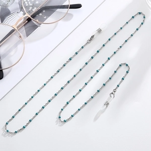 Fashionable turquoise beaded glasses chain with silver metal links and non-slip rings