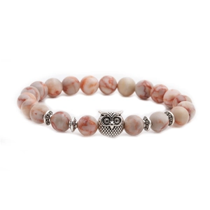 8mm natural stone beaded bracelet with vintage silver owl charm on white background
