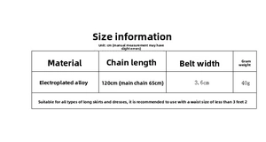 Size chart for leaf alloy metal waist chain showing length 120cm and width 3.6cm