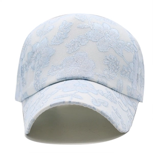 Women's white baseball cap with light blue floral lace embroidery and glitter finish