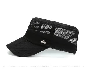 Detail view of breathable black mesh material and silver metal buckle on the flat top cap