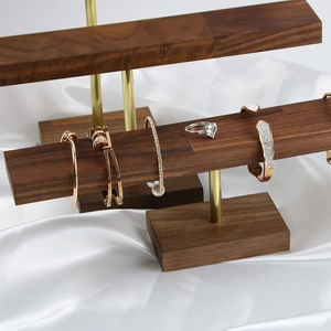 Solid walnut and gold metal jewelry display stands for necklaces bracelets and rings