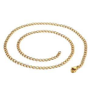 Polished golden stainless steel curb chain necklace with secure lobster clasp on white background