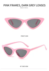 Makroansicht der rosa Cat-Eye-Sonnenbrille mit grauen Gläsern in Front- und Seitenansicht