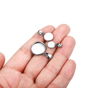 Silver stainless steel round pendant trays with bail connectors for DIY jewelry making