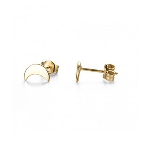 Macro shot of minimalist crescent moon earrings in gold finish with secure ear plugs