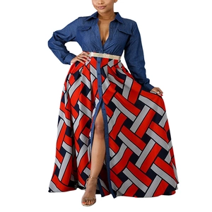 Maxikleid im Western-Stil mit Denim-Oberteil und geometrisch gestreiftem Rockteil