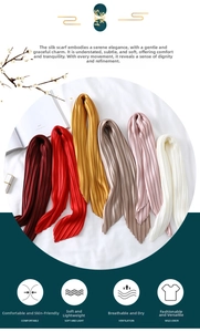 Detail of pleated silk-like scarves in six colors with soft texture and elegant styling
