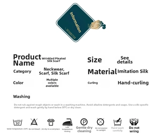 Detailed specifications of pleated silk scarf showing material and care instructions