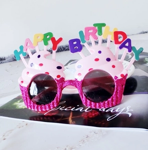 Pink Happy Birthday novelty sunglasses with cupcake decor and glitter finish