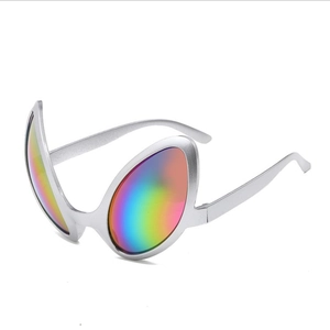 Side view of silver alien party sunglasses with rainbow gradient lenses on white backdrop