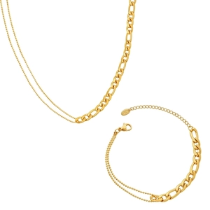 18K gold plated titanium steel jewelry set with double layer beaded and Cuban chains