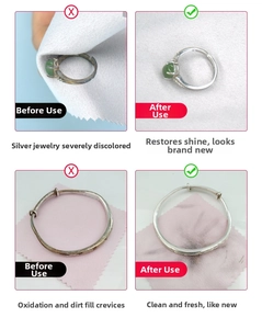 Silver jewelry cleaning cloth macro shot showing before and after oxidation removal