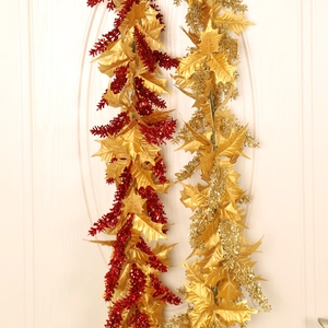 Artificial Christmas Garland Rattan Gold Leaf Red Berries Glitter Festive Home Decor Hanging Ornament Mantel Decoration