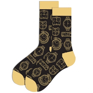 Detail of cotton crew socks featuring vintage clock patterns and time graphics