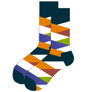 Detail of bohemian geometric knit pattern on colorful mid-calf crew socks