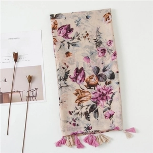 Floral Print Scarf Shawl Voile Cotton Linen Feel Tassel Sunscreen Travel Pastoral Vintage Women