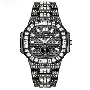Macro shot of luxury iced-out watch dial with sparkling crystals and date display