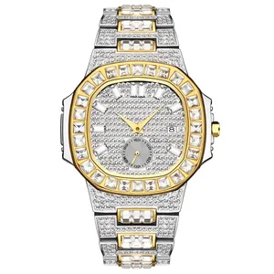 Luxurious hip hop iced-out watch with crystals and date display in gold and silver finish