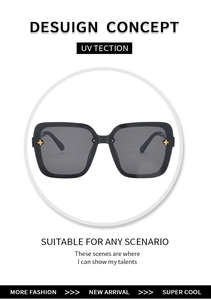 Detail of square black sunglasses featuring polished frames and gold star accents