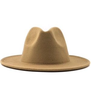 Detailed view of the camel wool fedora hat with classic wide brim and pinched crown